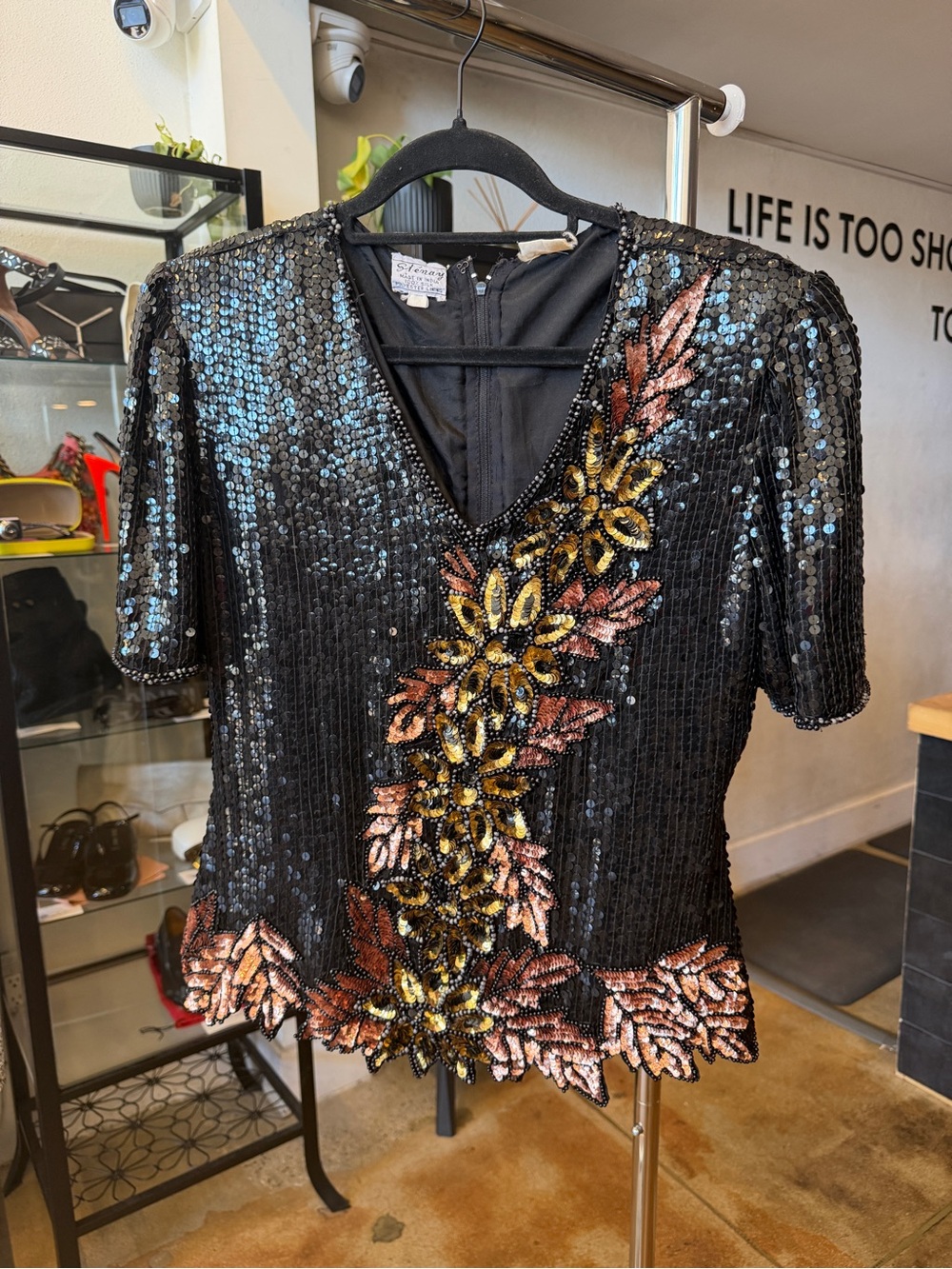 Vintage Sténay 100% Silk Black Sequin Beaded Floral Evening Top